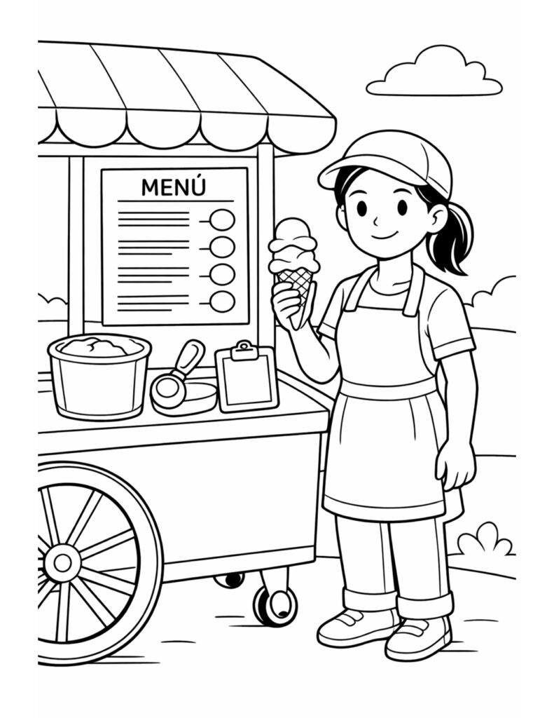 ice cream vendor at cart coloring page with a menu sign, ice cream tub, and cone in hand coloring page