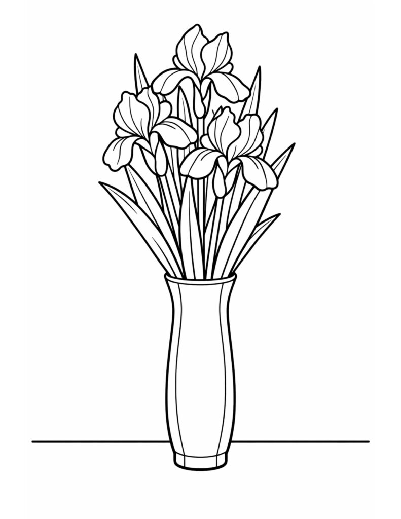 iris bouquet in tall vase coloring page with blooming irises, long leaves, and a simple vase outline coloring page