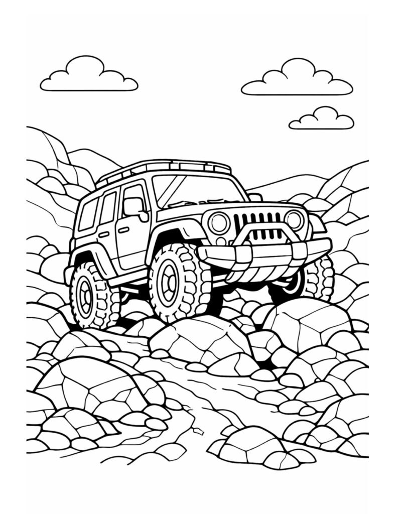 jeep climbing rocky trail coloring page with big tires on boulders, stream lines, and clouds