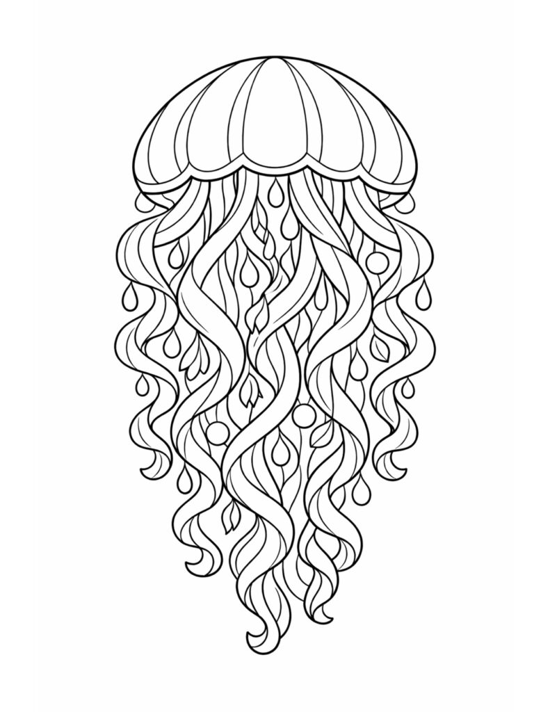 jellyfish with flowing tentacles coloring page featuring elegant underwater lines coloring page