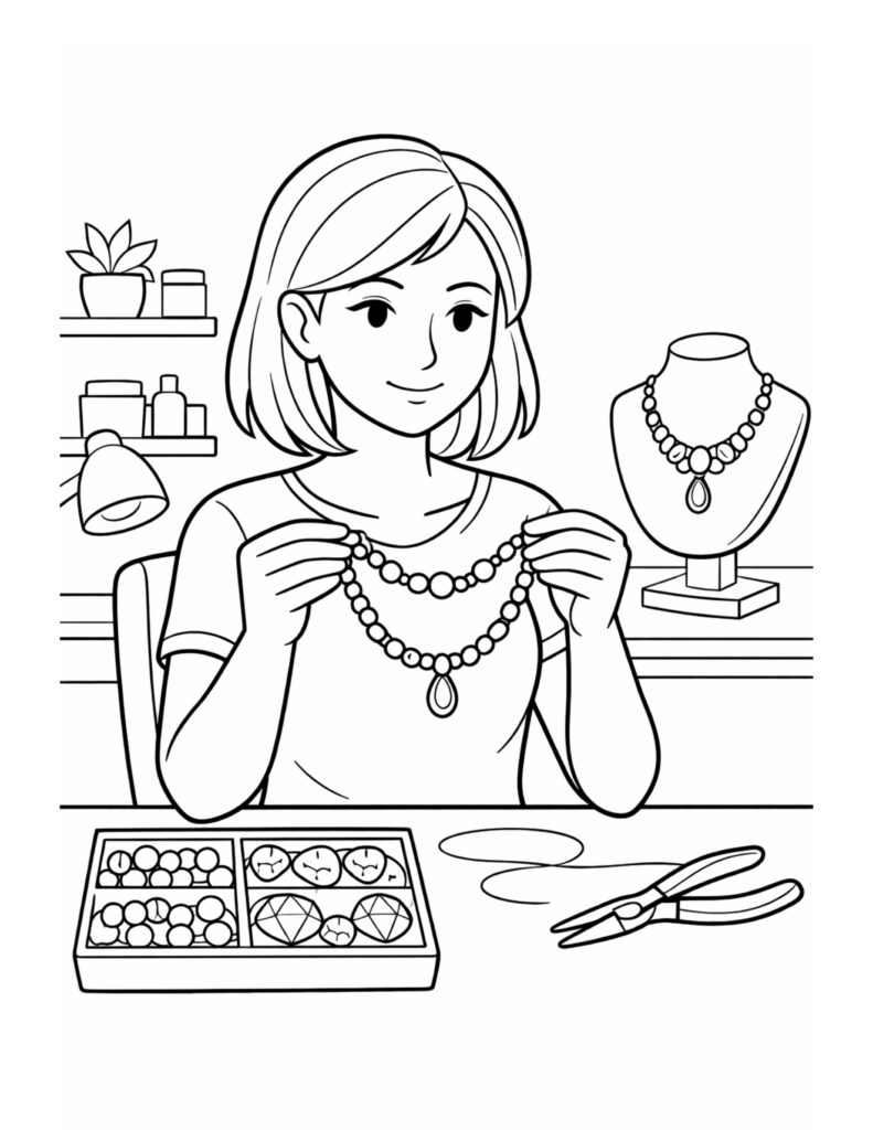 jewelry maker holding beaded necklace coloring page with a pendant, bead tray, and tools on a worktable coloring page