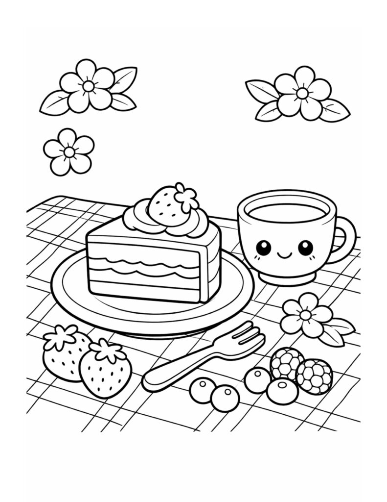 kawaii cake slice with tea coloring page with smiling cup, layered cake, berries, fork, and flowers coloring page