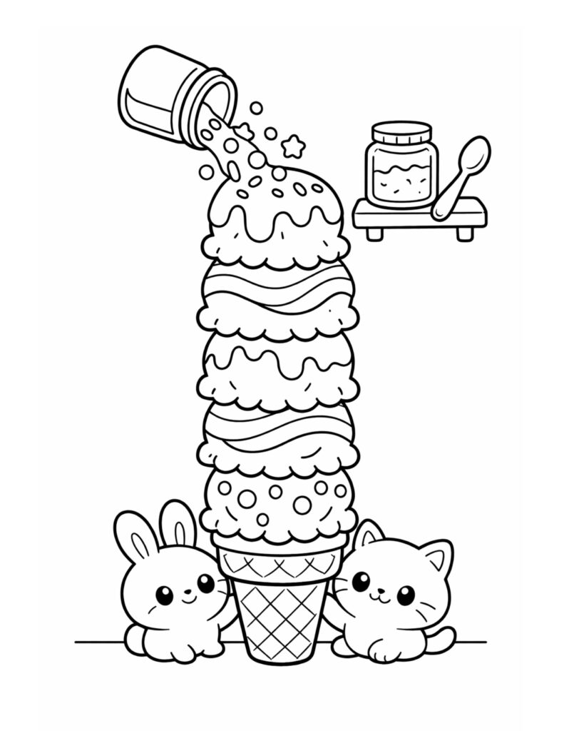 kawaii ice cream tower bunny coloring page with a tall stacked cone, syrup pouring, and a cute cat coloring page