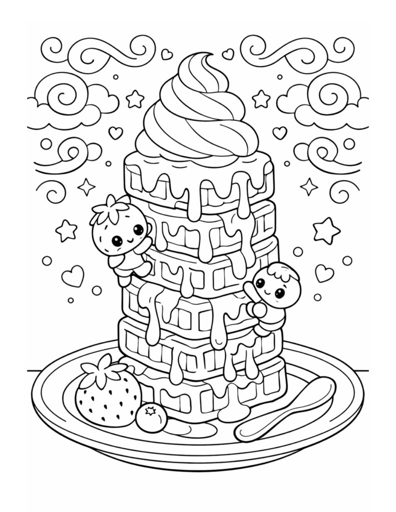 kawaii waffle stack with syrup coloring page with dripping syrup and cute friends on a plate coloring page