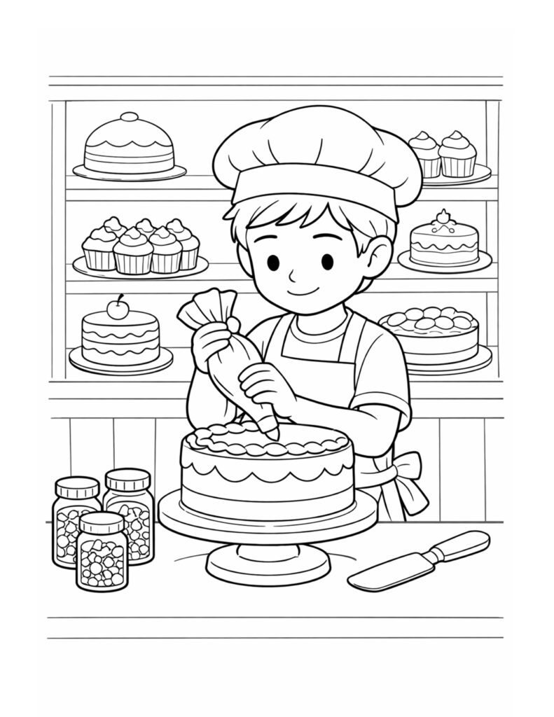 kid baker decorating cake coloring page with a smiling child piping frosting on a cake in a bakery coloring page