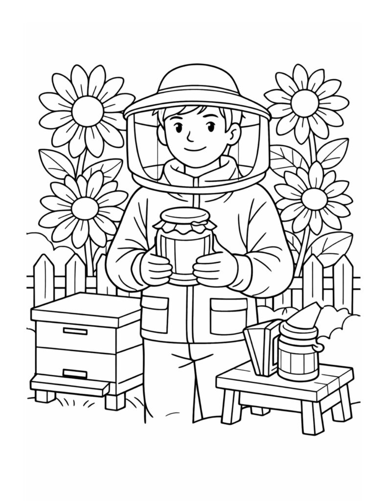 kid beekeeper holding honey jar coloring page with a smiling beekeeper suit, beehive box, and sunflowers coloring page