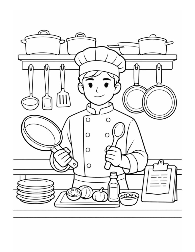 kid chef cooking in kitchen coloring page showing a smiling child with a pan, spoon, and fresh ingredients coloring page
