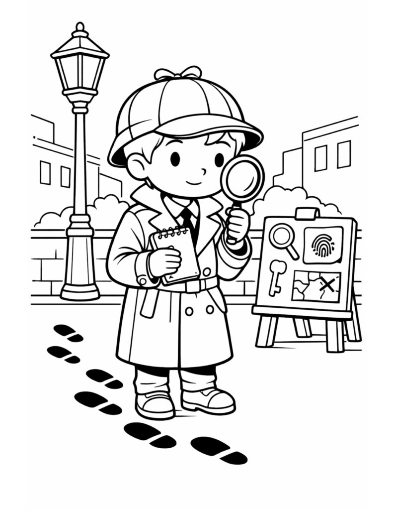 kid detective tracking footprints coloring page with magnifying glass, clue board, and streetlamp coloring page