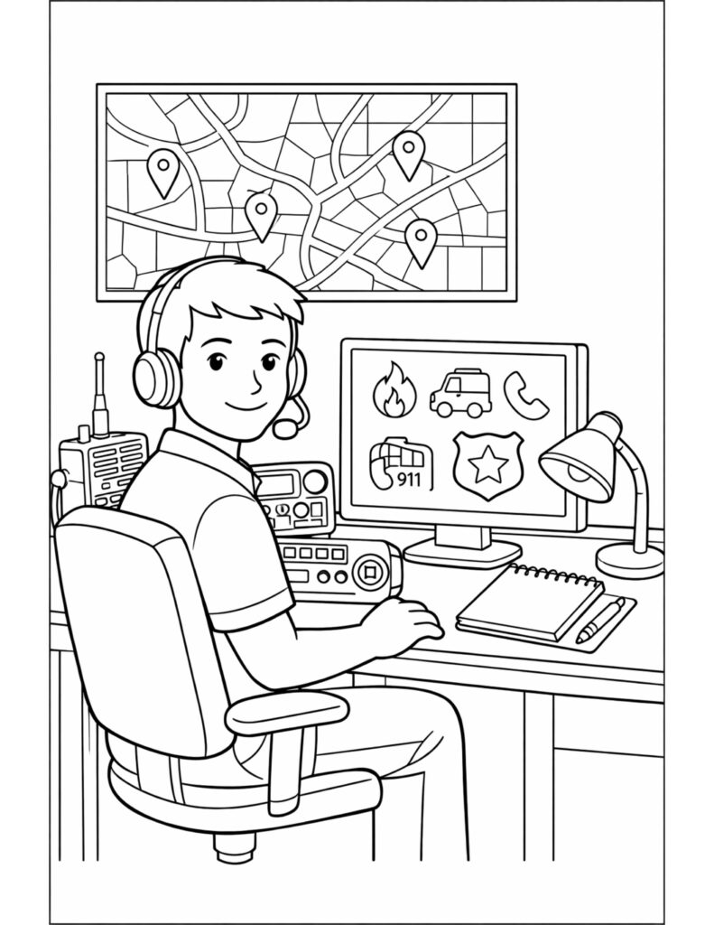 kid emergency dispatcher at control desk coloring page with headset, monitors, maps, and emergency icons coloring page