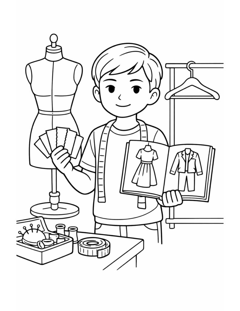 kid fashion designer with sketchbook coloring page with a child, measuring tape, mannequin, and clothing sketches coloring page