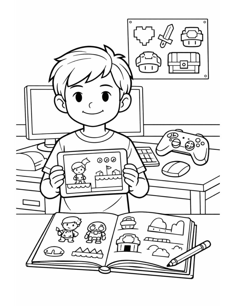 kid game designer showing tablet coloring page with a smiling kid, computer desk, controller, and sketchbook coloring page
