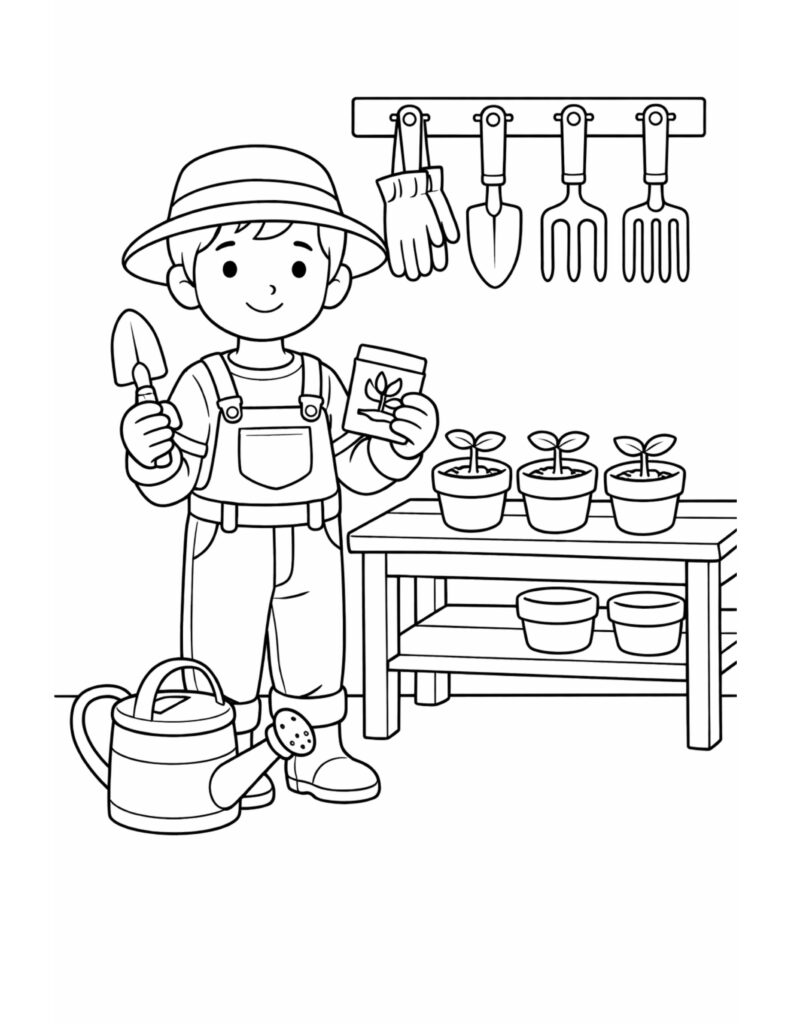 kid gardener holding seed packet coloring page with a smiling child, trowel, watering can, and potted sprouts coloring page