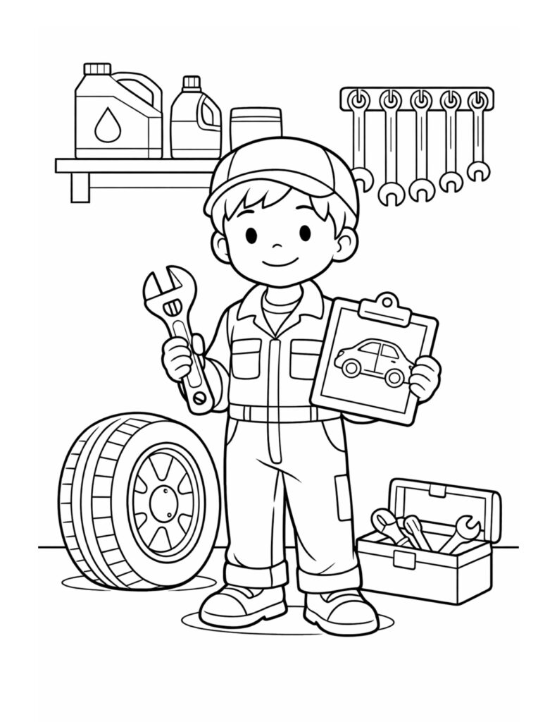 kid mechanic holding car clipboard coloring page with a smiling child, wrench, tire, and tool box coloring page