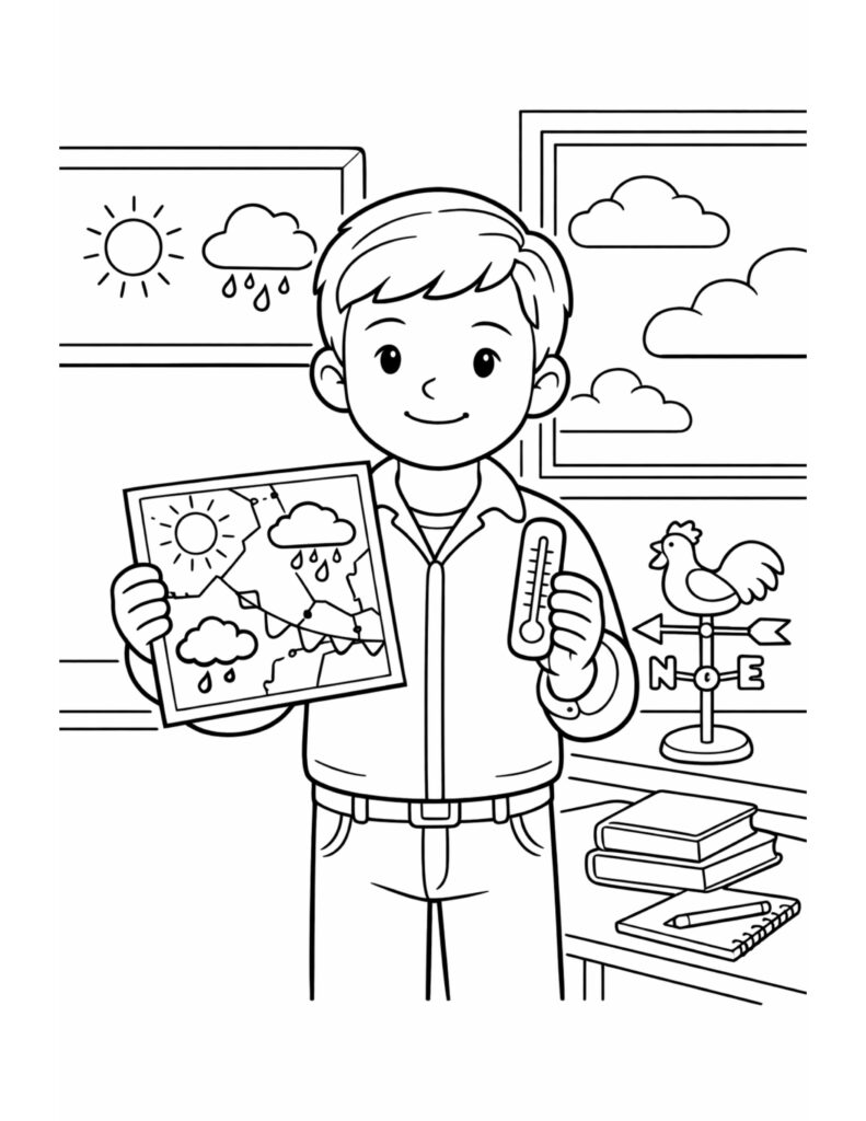 kid meteorologist holding weather chart coloring page showing a smiling child with a thermometer and weather symbols coloring page