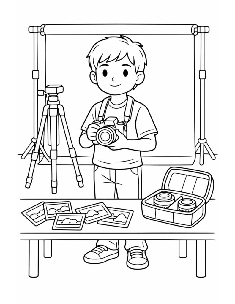 kid photographer in studio coloring page with a child holding a camera, tripod, backdrop, and photo prints coloring page