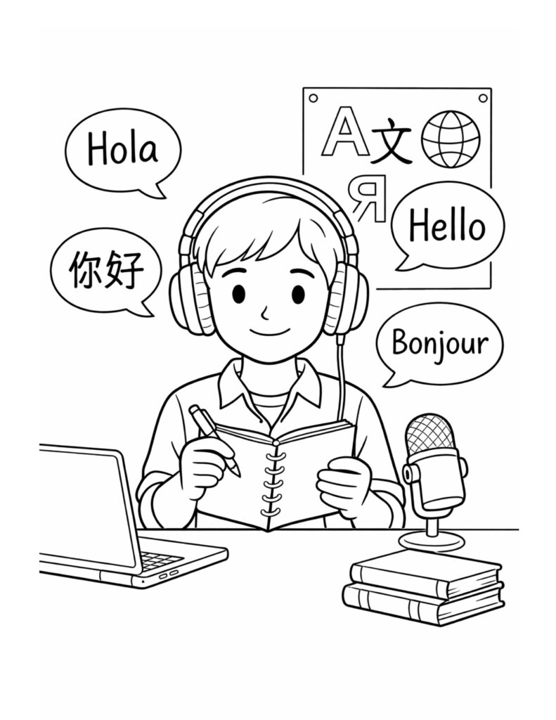 language tutor recording lesson coloring page showing headphones, notebook, laptop, and microphone coloring page
