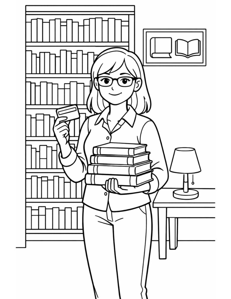 librarian holding books and card coloring page with glasses, library shelves, and desk lamp coloring page