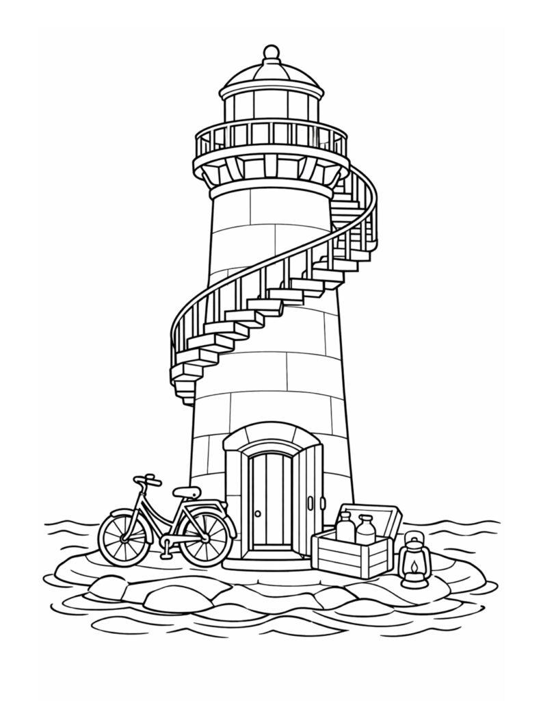 lighthouse with spiral staircase coloring page featuring a bicycle, lantern, and rocky shore coloring page