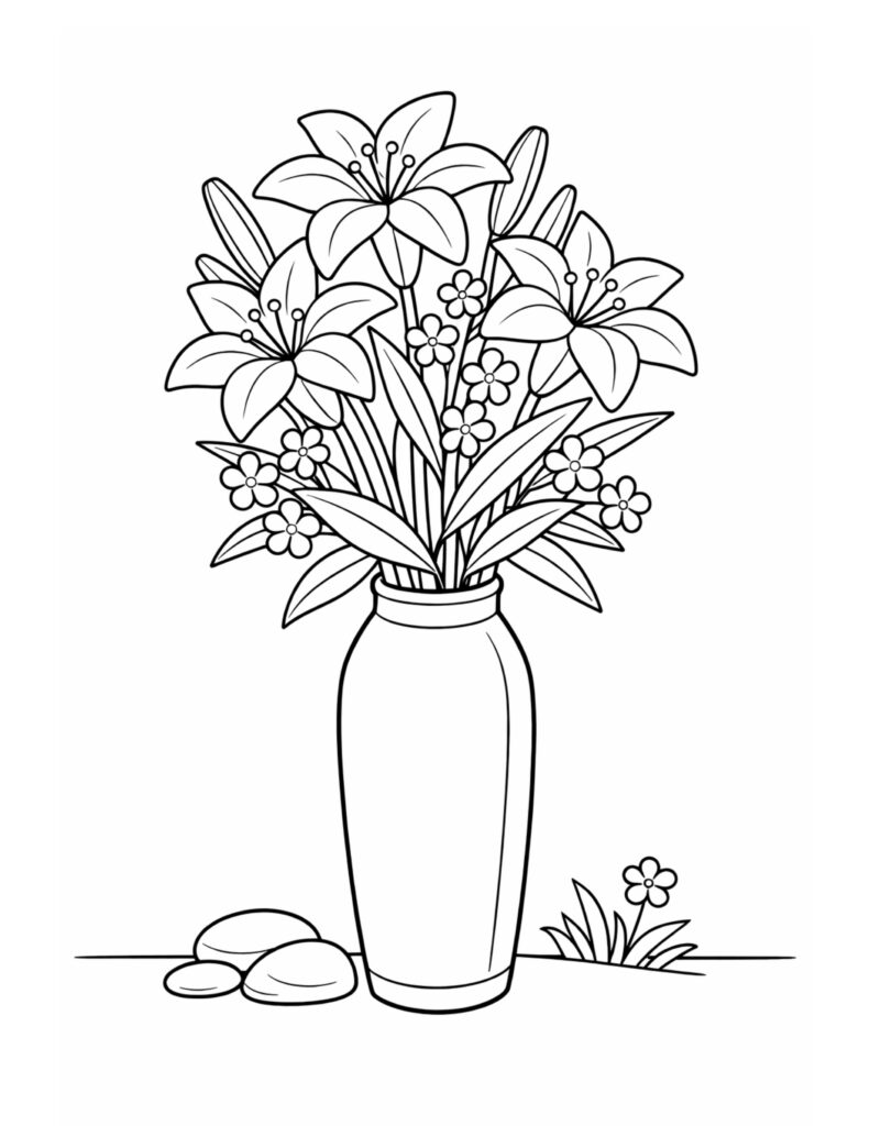 lilies in tall vase coloring page featuring a bouquet of lilies and small flowers in a slim vase coloring page