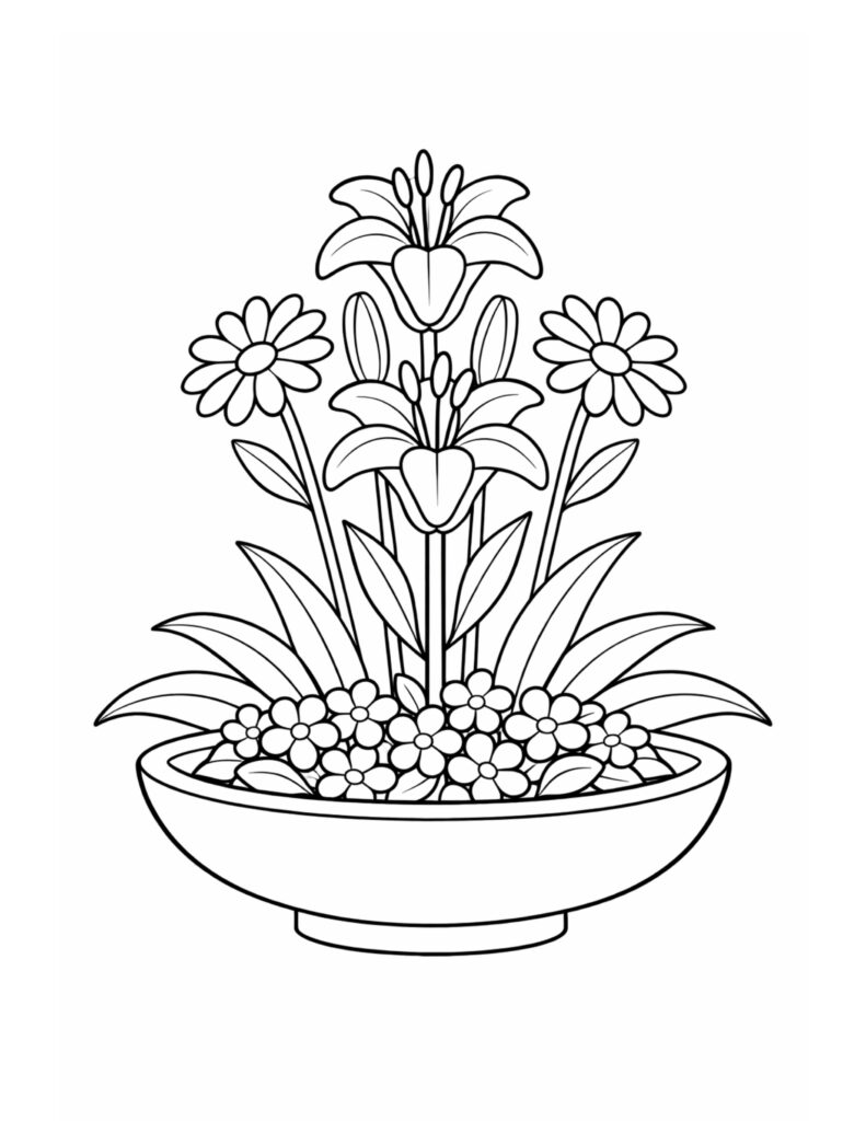lily and daisies in bowl coloring page with two lilies, side daisies, and clustered flowers in a shallow dish coloring page