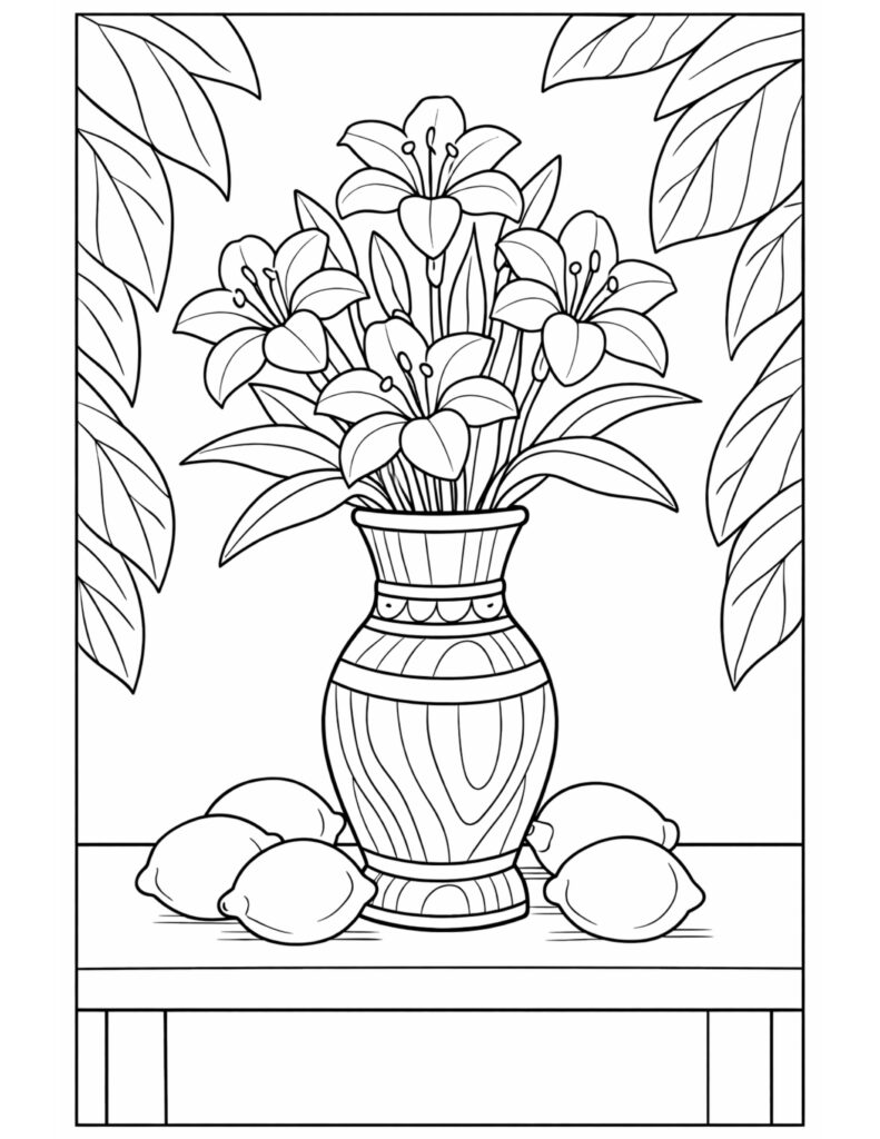 lily bouquet in vase coloring page with flowers arranged in a decorative vase on a table coloring page