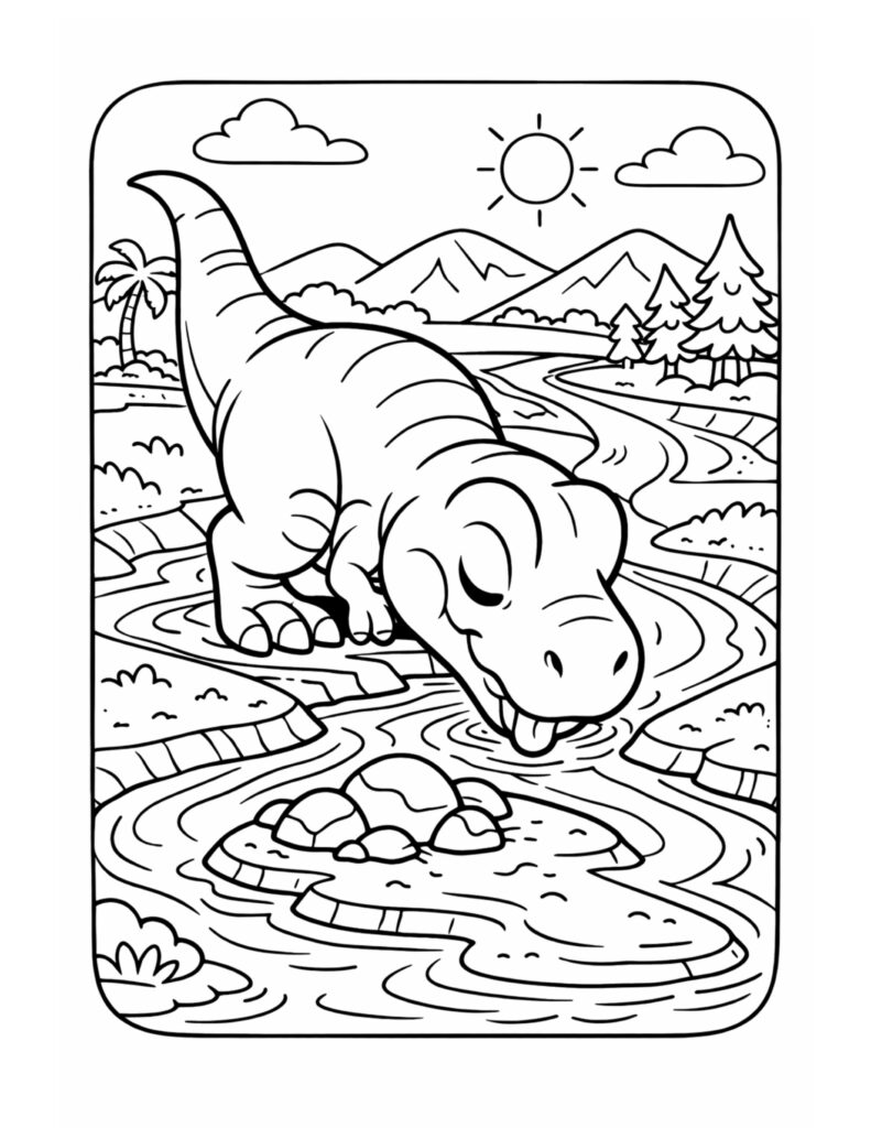 long neck dinosaur drinking river coloring page showing a gentle dinosaur bending to sip water in a nature scene coloring page