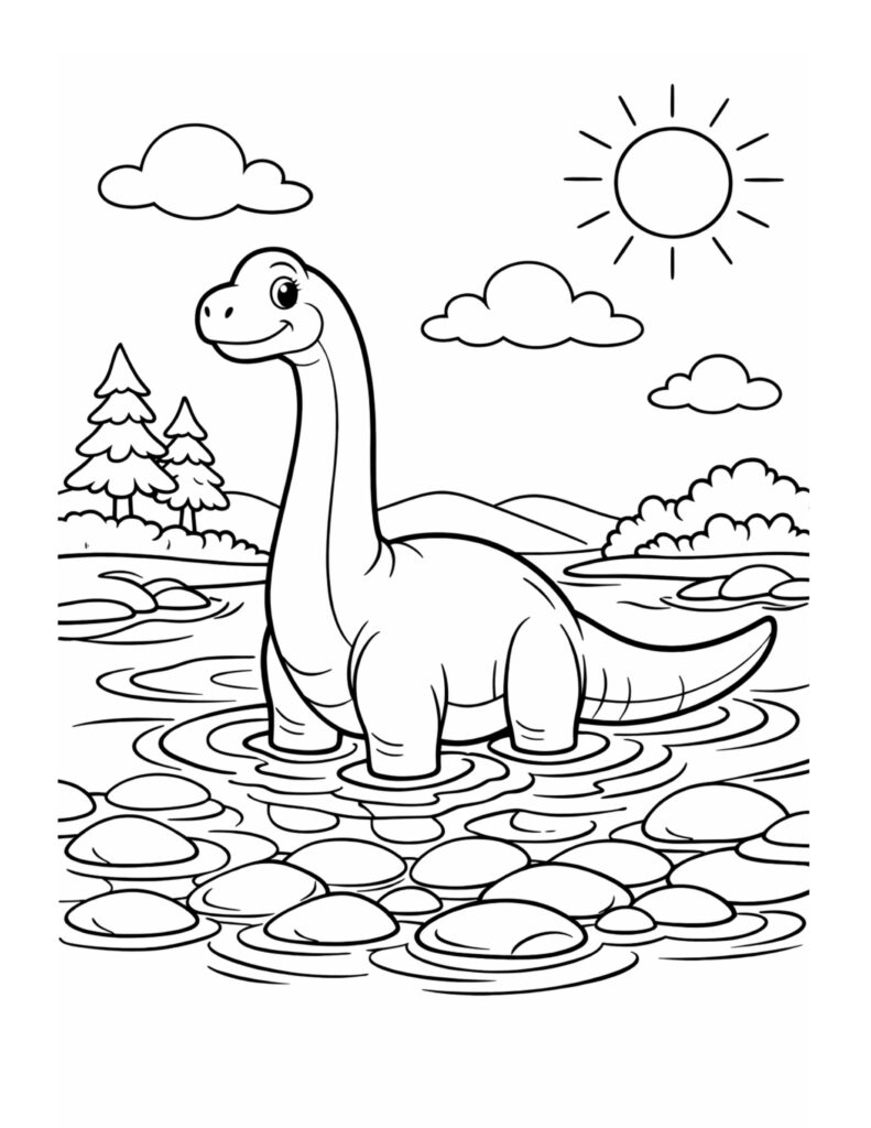long neck dinosaur in river coloring page with a smiling long-neck dino standing in water with rocks, coloring page