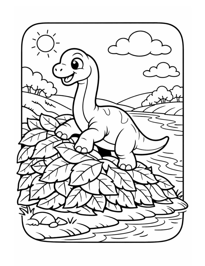 long neck dinosaur on leaves coloring page by a river with sunny sky, hills, and clouds, coloring page