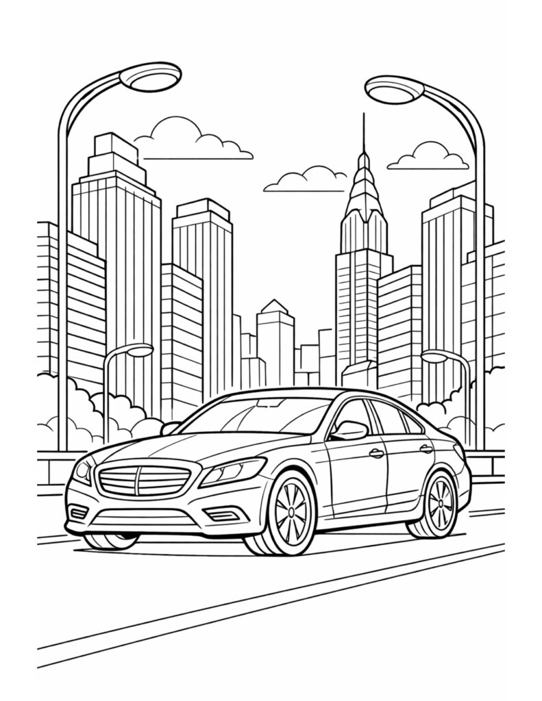 luxury sedan in city skyline coloring page featuring a modern car on a city street with skyscrapers and streetlights coloring page