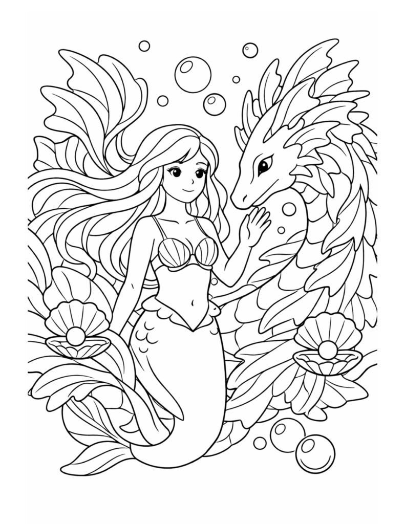 mermaid meeting sea dragon coloring page with flowing hair, bubbles, and pearl shells coloring page