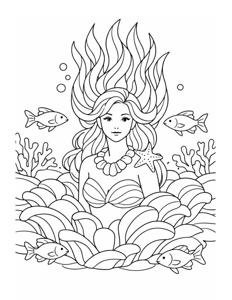 mermaid surrounded by fish coloring page with flowing hair, sea plants, bubbles, and a starfish coloring page