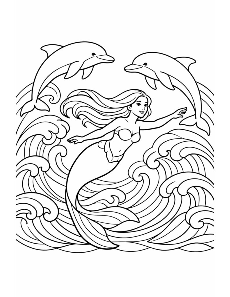 mermaid swimming with dolphins coloring page featuring ocean waves and playful sea life coloring page