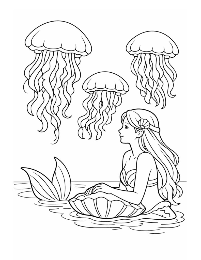 mermaid watching jellyfish in water coloring page with a mermaid on a shell and jellyfish above coloring page