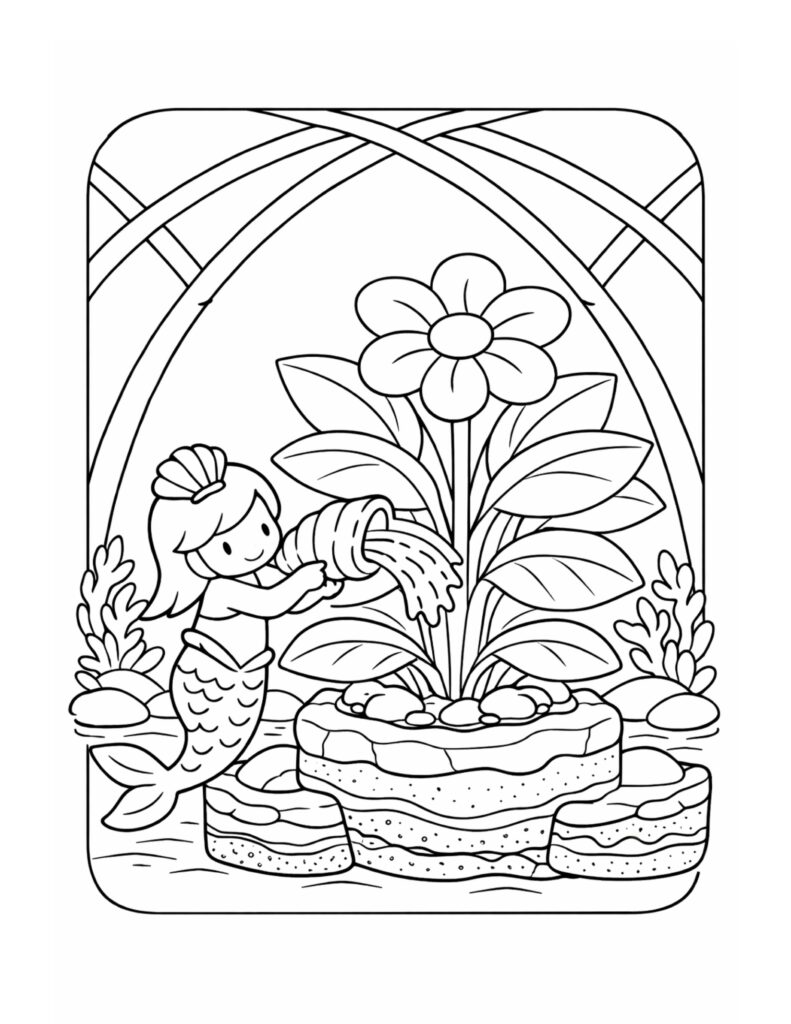 mermaid watering a sea flower coloring page with a little mermaid pouring water on a big flower, underwater plants, coloring page