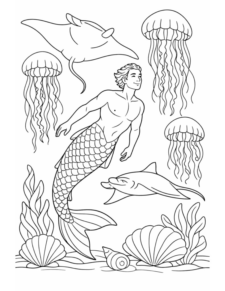 merman swimming with dolphin coloring page with manta ray above, jellyfish, and seashells coloring page