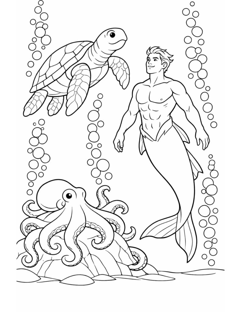 merman swimming with sea turtle coloring page featuring bubbles, octopus, and underwater scene coloring page
