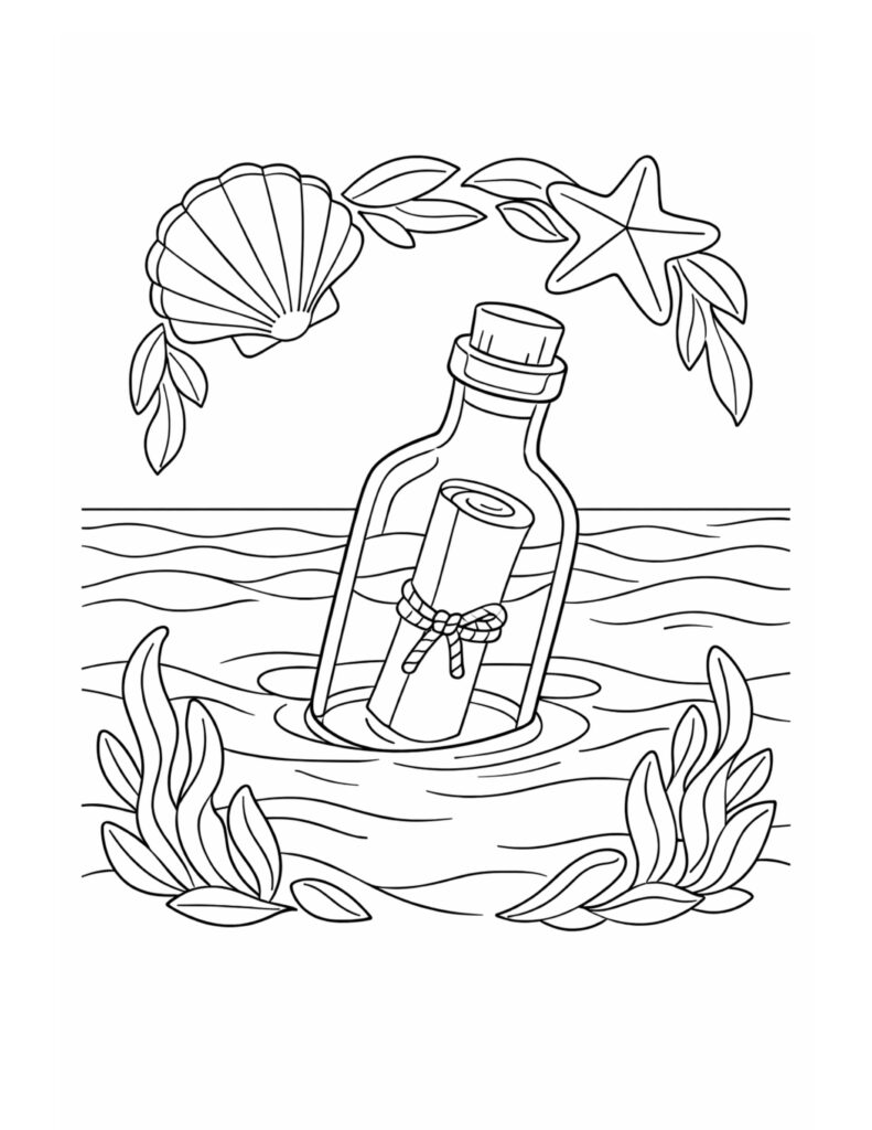 message in a bottle floating coloring page with ocean waves, seaweed, shell, and starfish coloring page