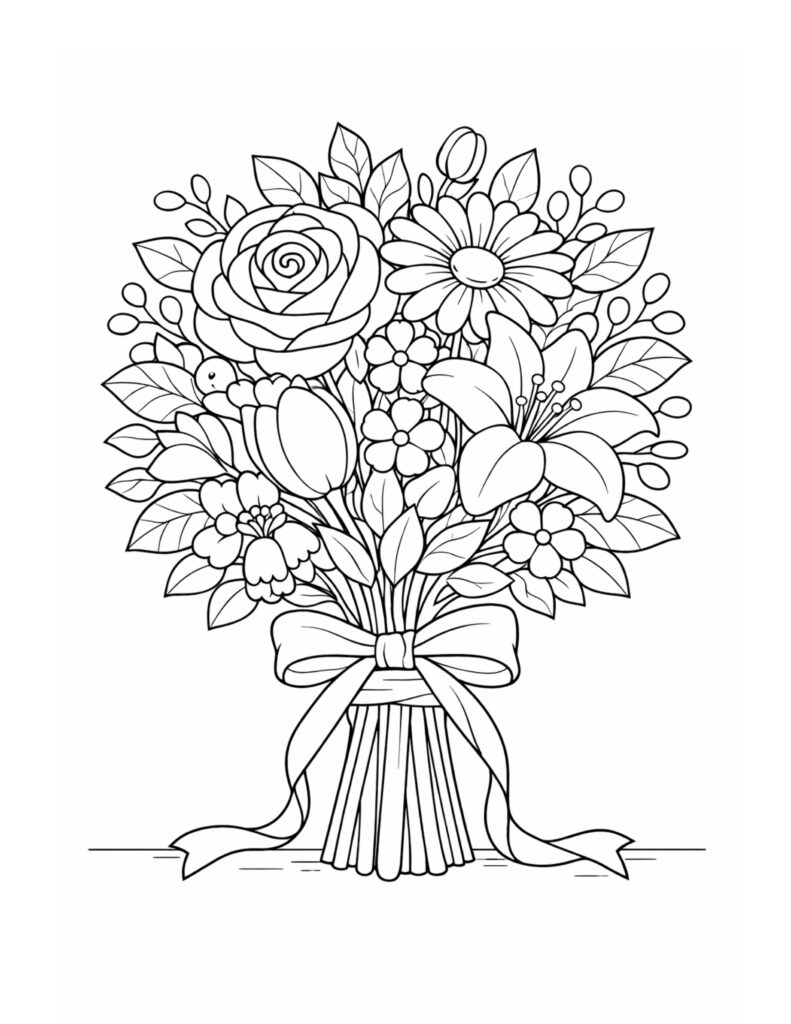 mixed flower bouquet with ribbon coloring page featuring roses, daisies, lilies, leaves, and a big bow coloring page