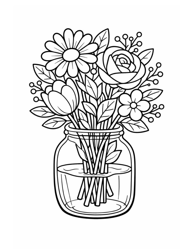 mixed flowers in mason jar coloring page with a rose, daisy, and leafy stems coloring page