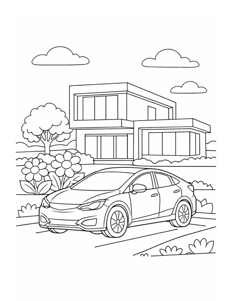modern car outside house coloring page with a modern home garden and driveway coloring page