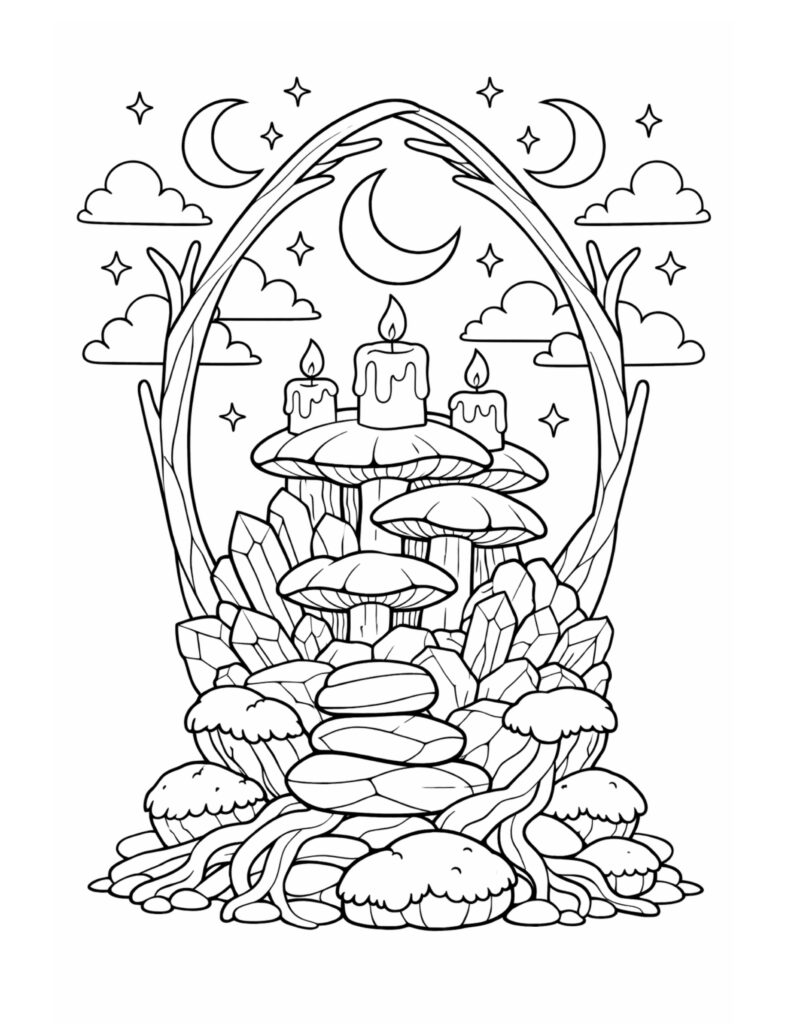moonlit mushroom altar with candlelight coloring page with mushrooms, candles, crystals, moons, stars, and clouds coloring page