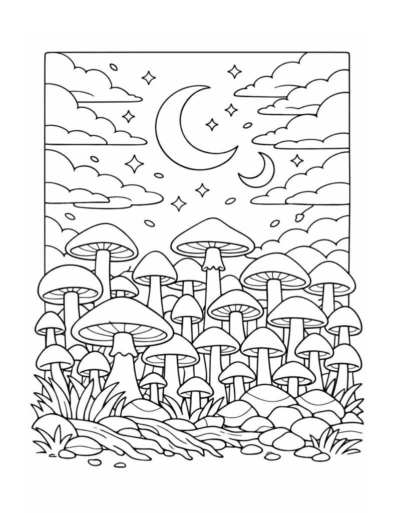 moonlit mushroom field under clouds coloring page with crescent moon, stars, rocks, and grass coloring page
