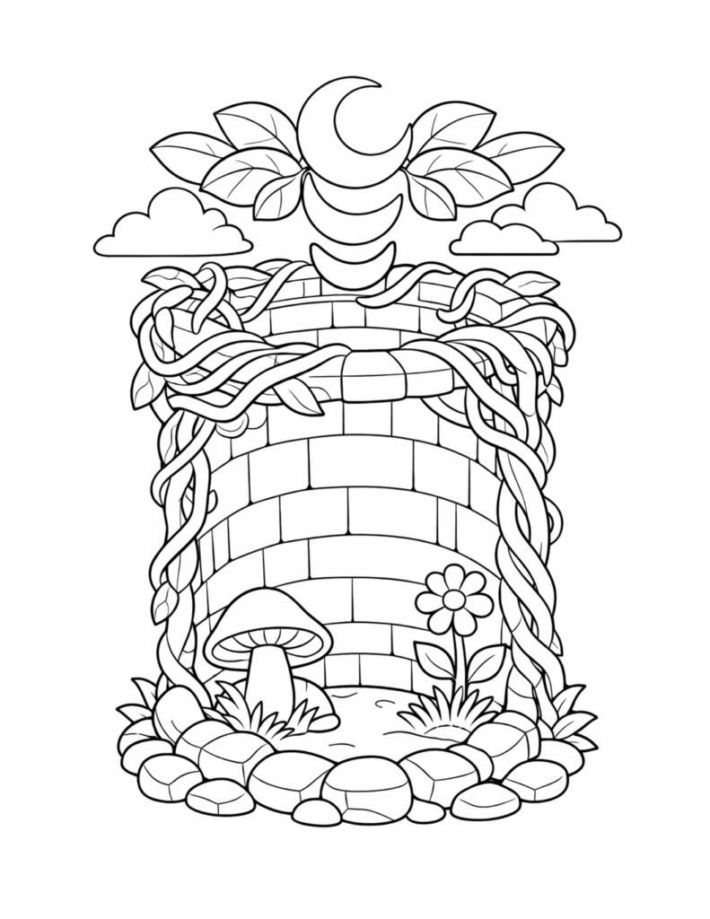 moonlit vine covered stone well coloring page with crescent moon, twisting vines, stones, and a small mushroom coloring page