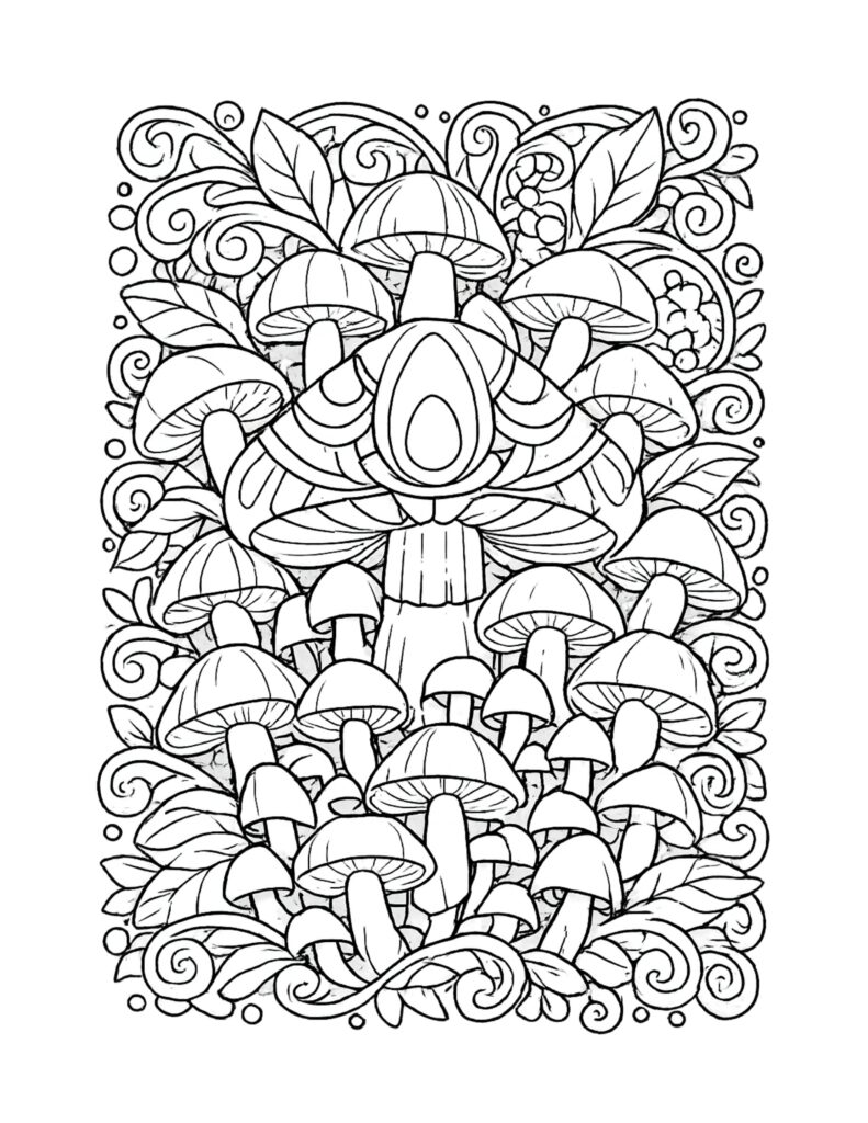 moth among mushrooms and leaves coloring page with swirling vines, leafy details, and many mushroom caps coloring page
