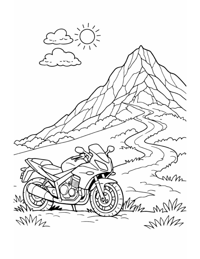 motorcycle parked on mountain road coloring page with winding trail, tall mountain, clouds, and sun coloring page