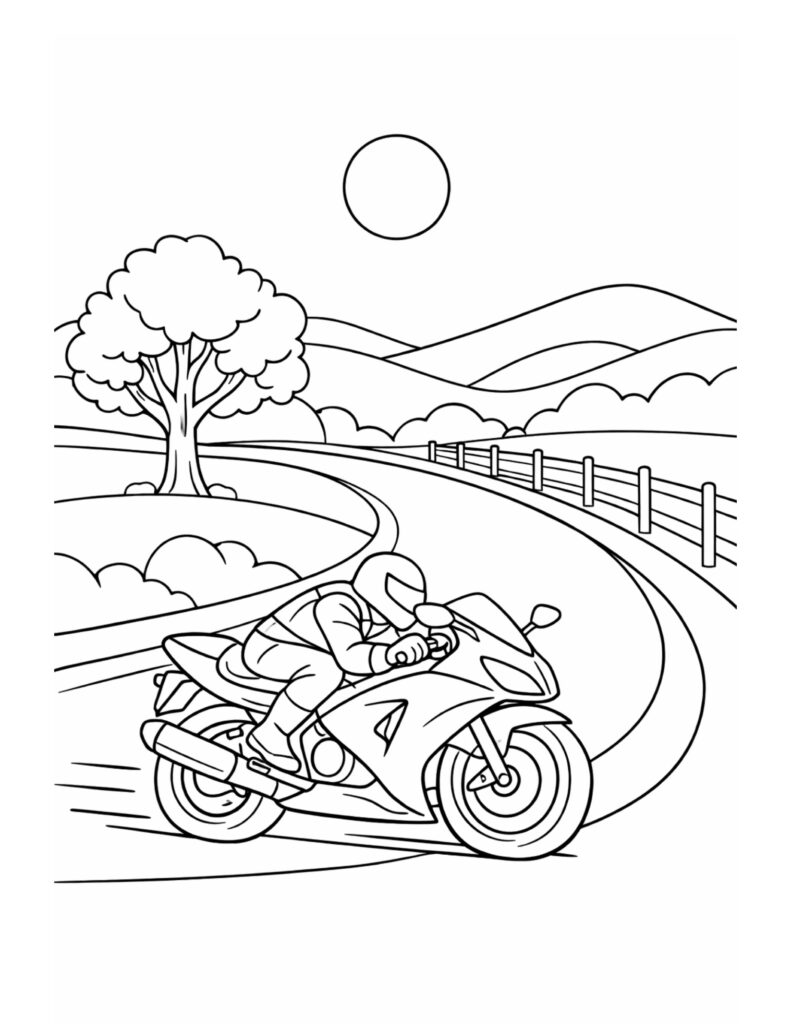 motorcycle racing on curvy road coloring page with a helmeted rider leaning into a bend, open hills coloring page