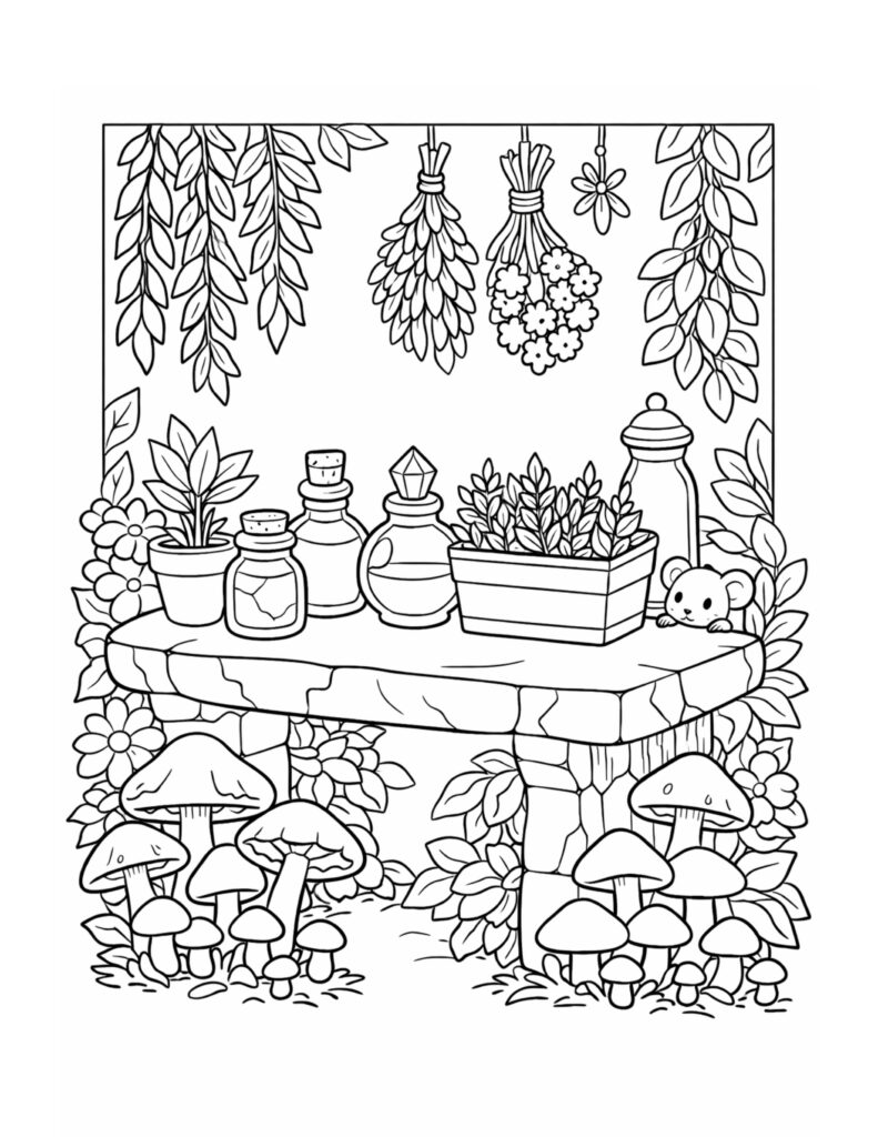 mouse peeking on potion table coloring page with hanging herbs, glass bottles, leafy frame, and mushrooms coloring page
