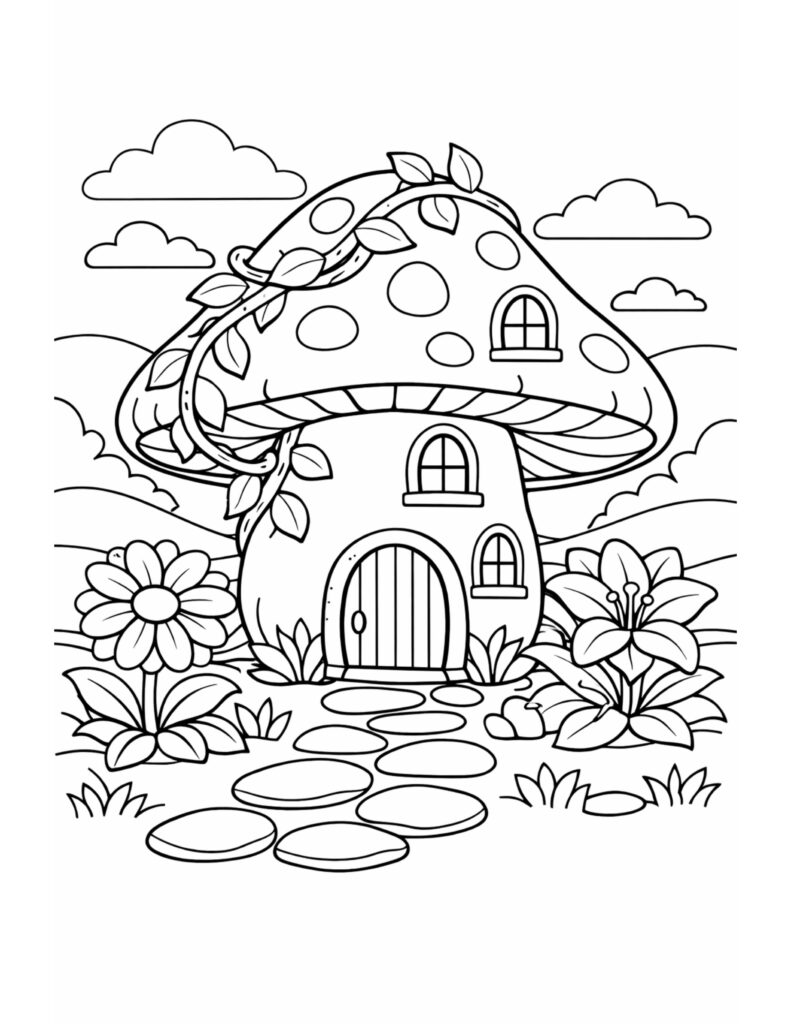 mushroom cottage with stone path coloring page with spotted roof, vine, flowers, hills, and clouds coloring page