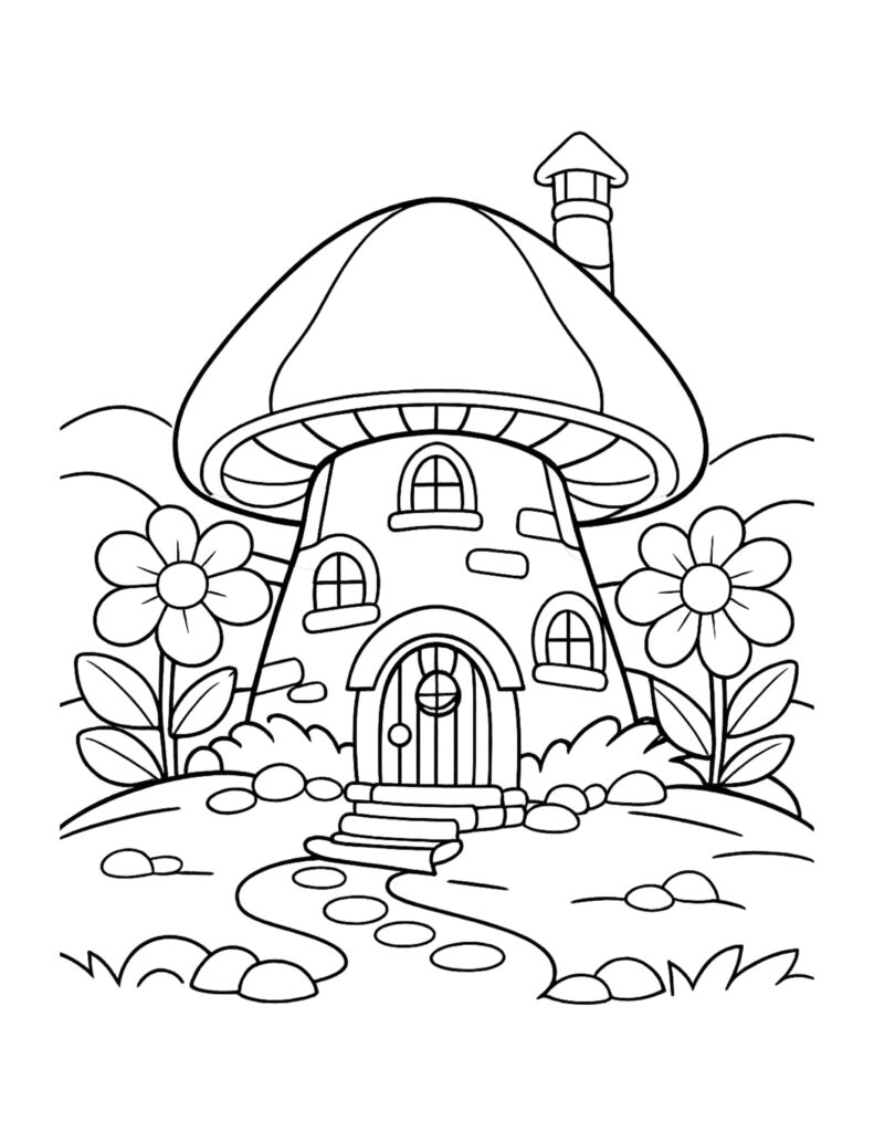 mushroom house with flowers coloring page showing a cozy mushroom home with windows, flowers, and a winding path coloring page