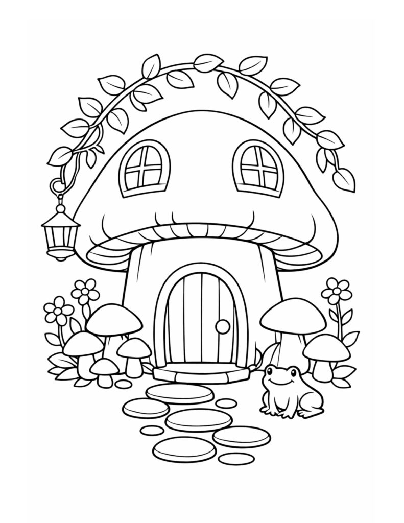 mushroom house with frog friend coloring page with a lantern, stepping stones, flowers, and small mushrooms coloring page